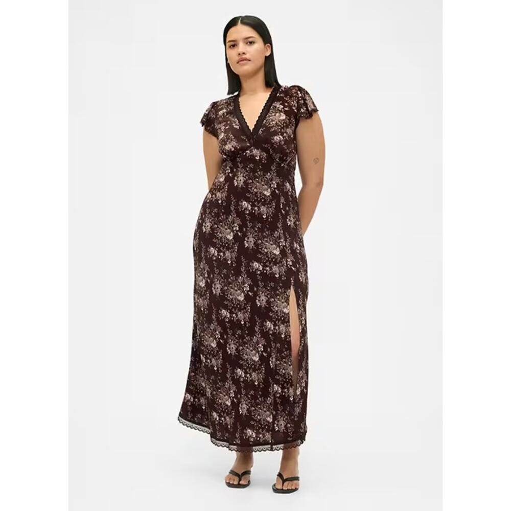 GAP Lace Trim Flutter Sleeve Brown Floral Maxi Dress Size XL Crepe V-Neck NWT